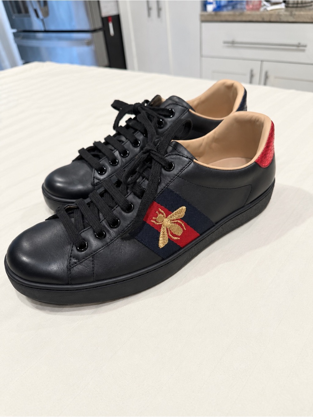 Gucci Black Leather Low-Top Sneakers with Red Heel and Navy-Red Stripe Bee